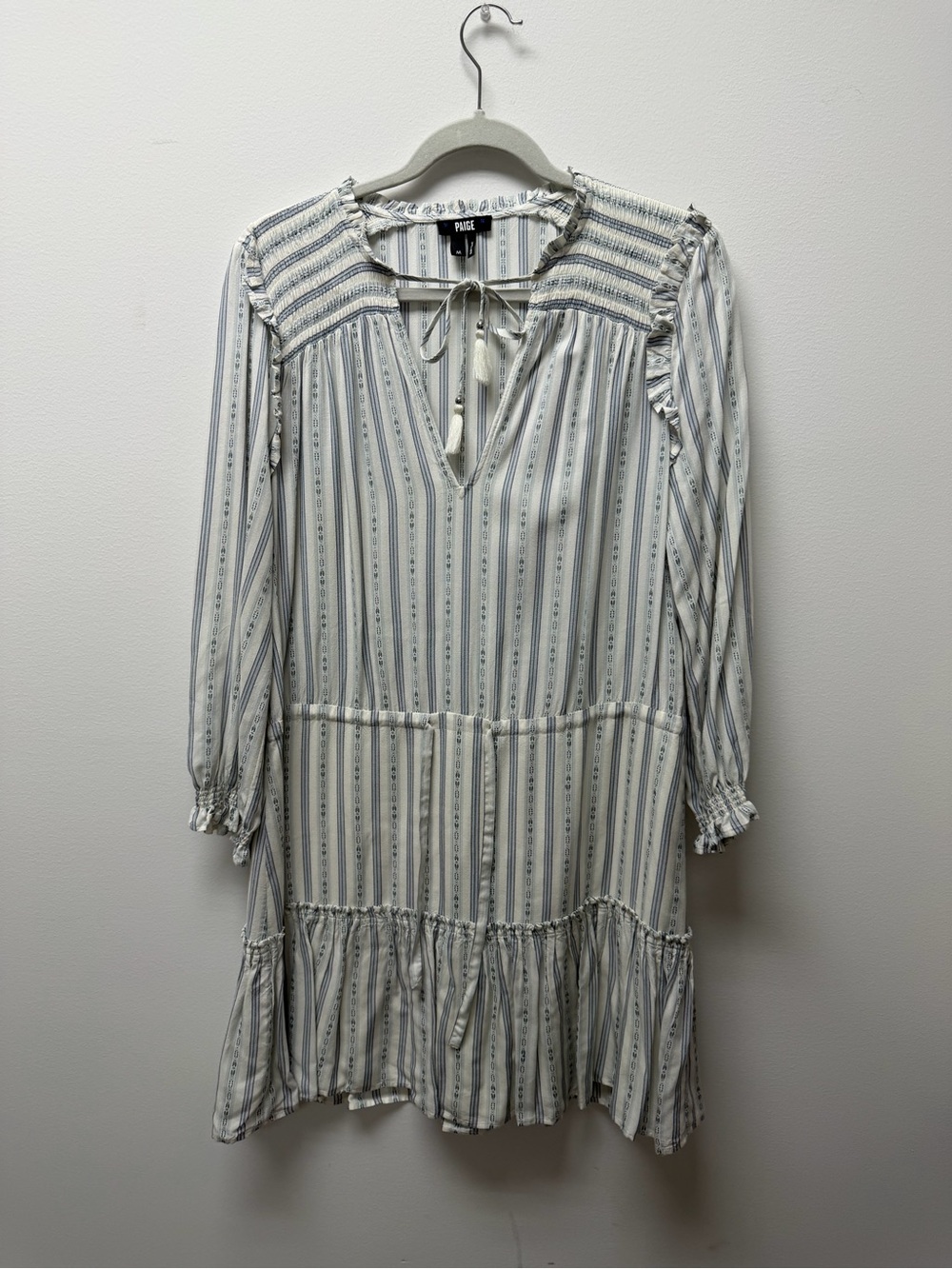 PAIGE Ivory Dress with Blue Stripe Tie-Neck Long Sleeves